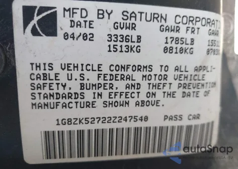 2002 Saturn S-Series Sl2 z USA, uszkodzony, nr VIN 1G8ZK52722Z247540